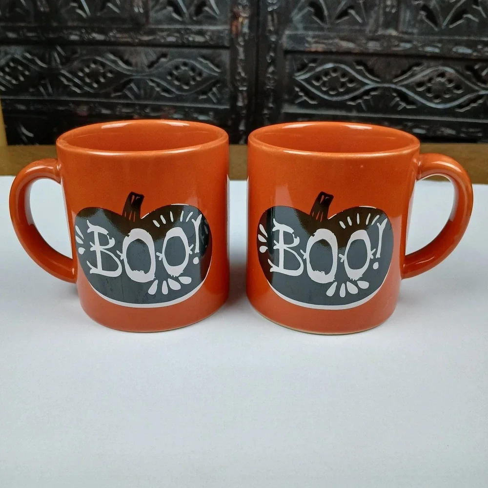 Set of 2 Crate‎ & Barrel Orange Boo Halloween Fall Pumpkin Small Coffee Mugs 3